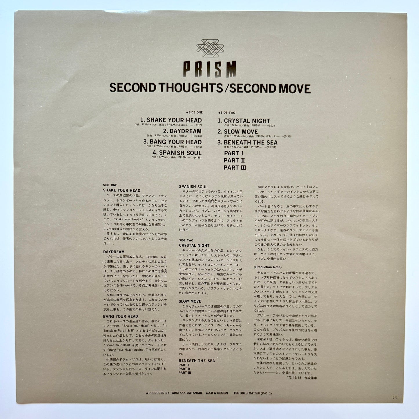 Prism - Second Thoughts / Second Move (Original Press)