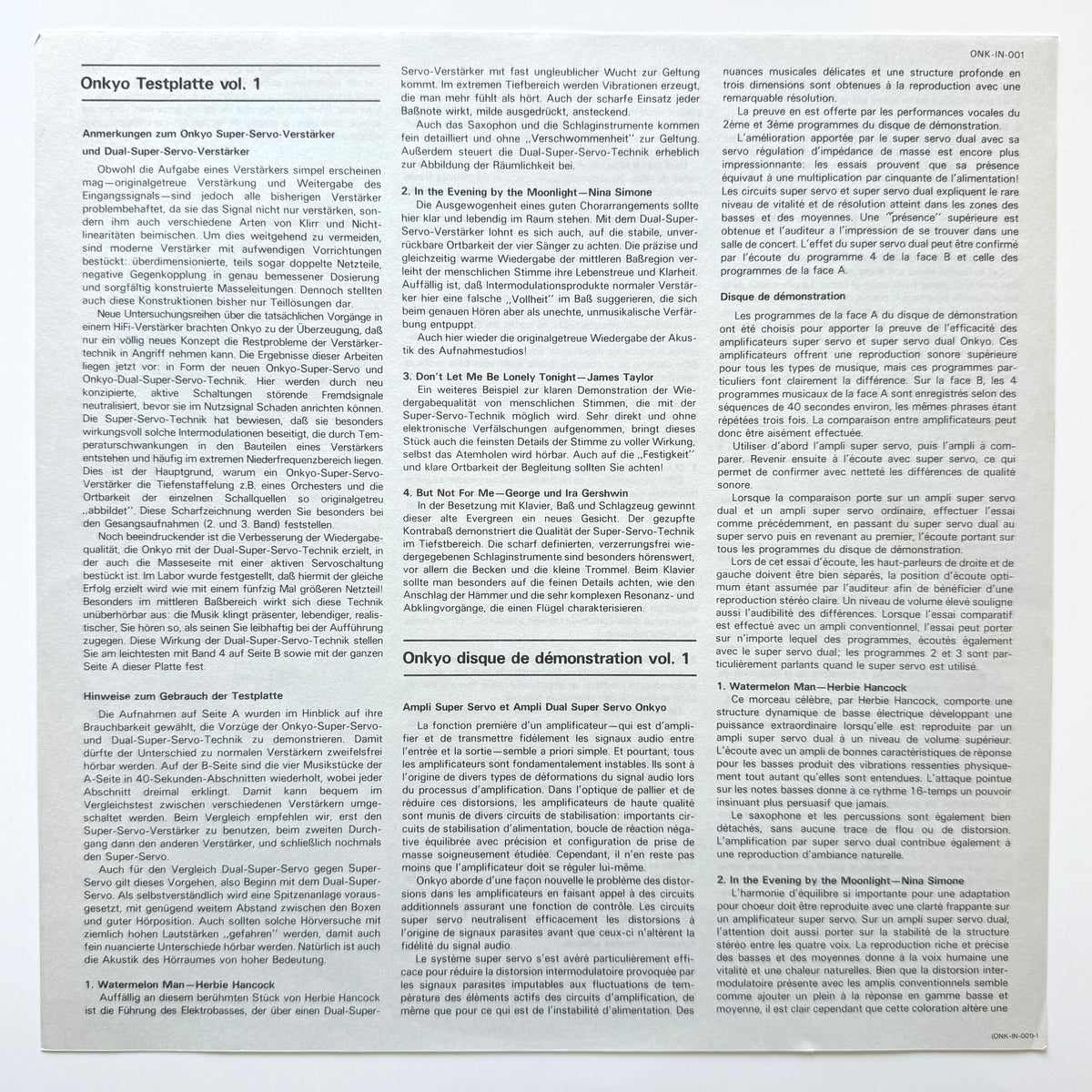 VA(Akira Ishikawa & Count Buffalos / Hiromasa Suzuki / Jimmy Takeuchi) - Onkyo Demonstration Record Vol.1 (Original Promo Press)